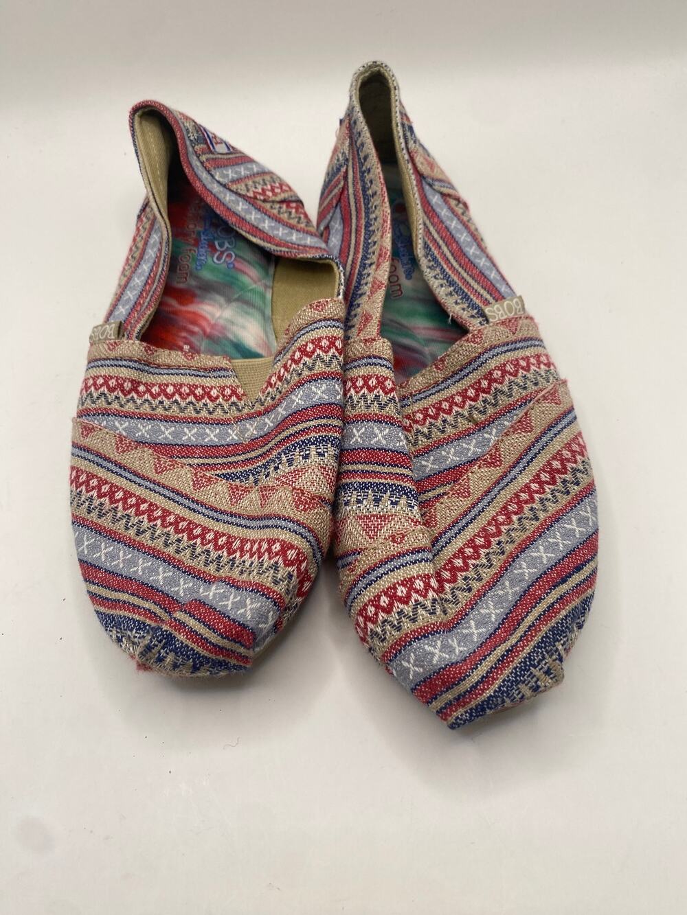 BOBS by Skechers Women’s 8.5 Woven Slip On Flats Red Blue Beige Memory Foam